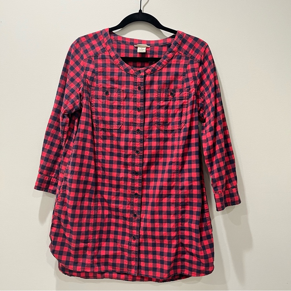 Duluth Trading Organic Cotton Button Down Shirt Dress Women’s M Red Plaid Tunic